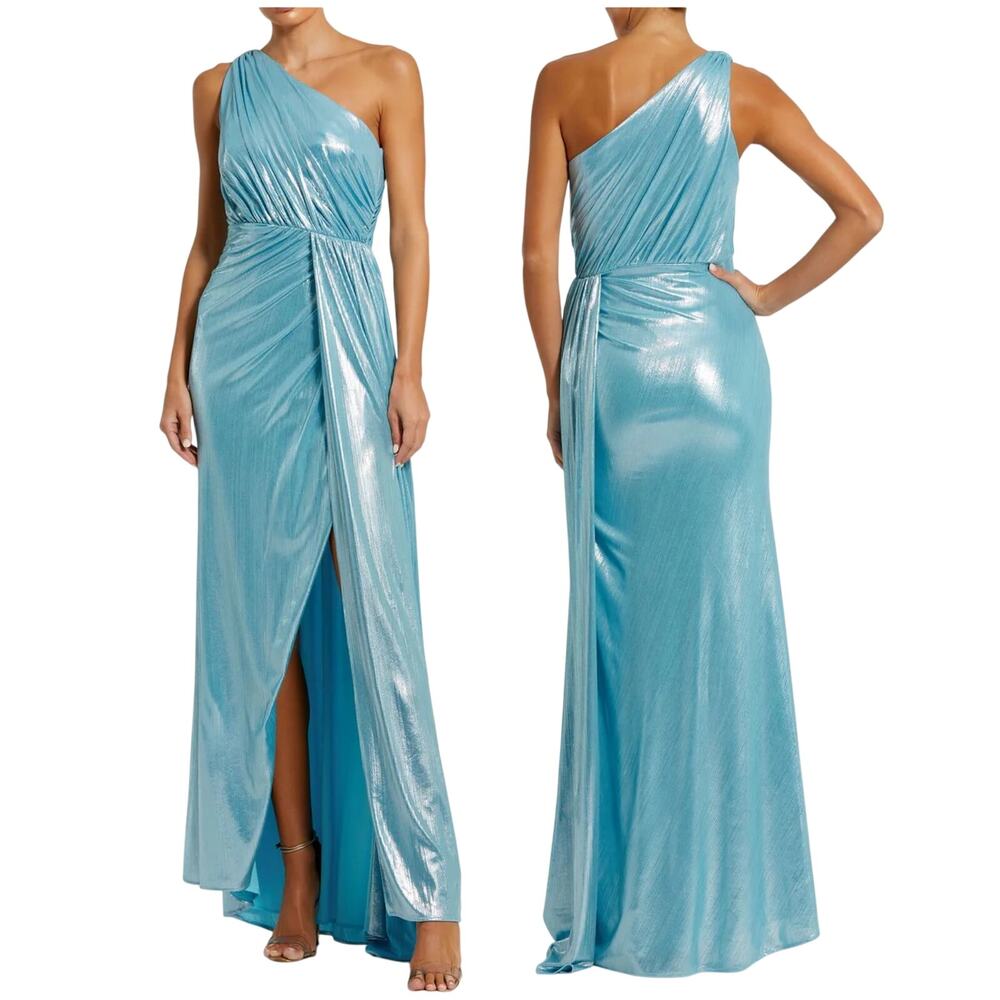 Mac Duggal IEENA NWT One Shoulder Grecian Metallic Ice Blue Gown Sz 2 High Slit